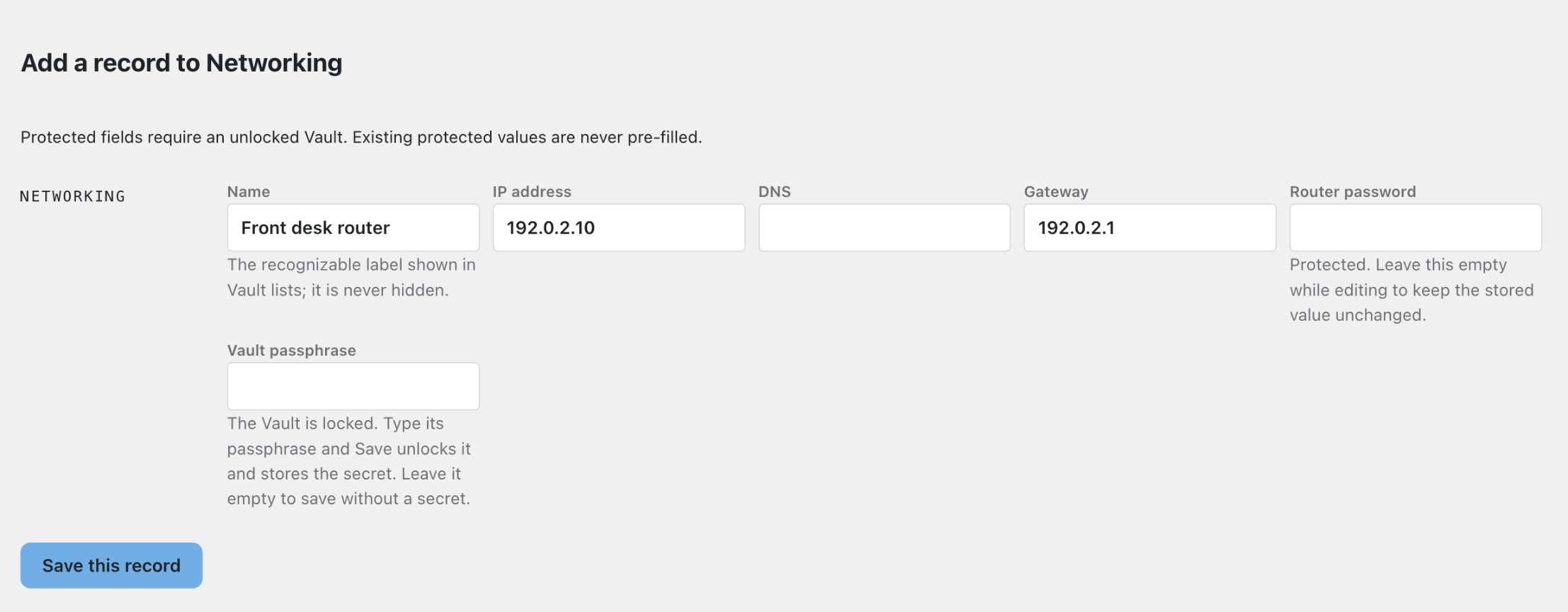 Add a record: plain fields, protected fields and the Vault passphrase box.