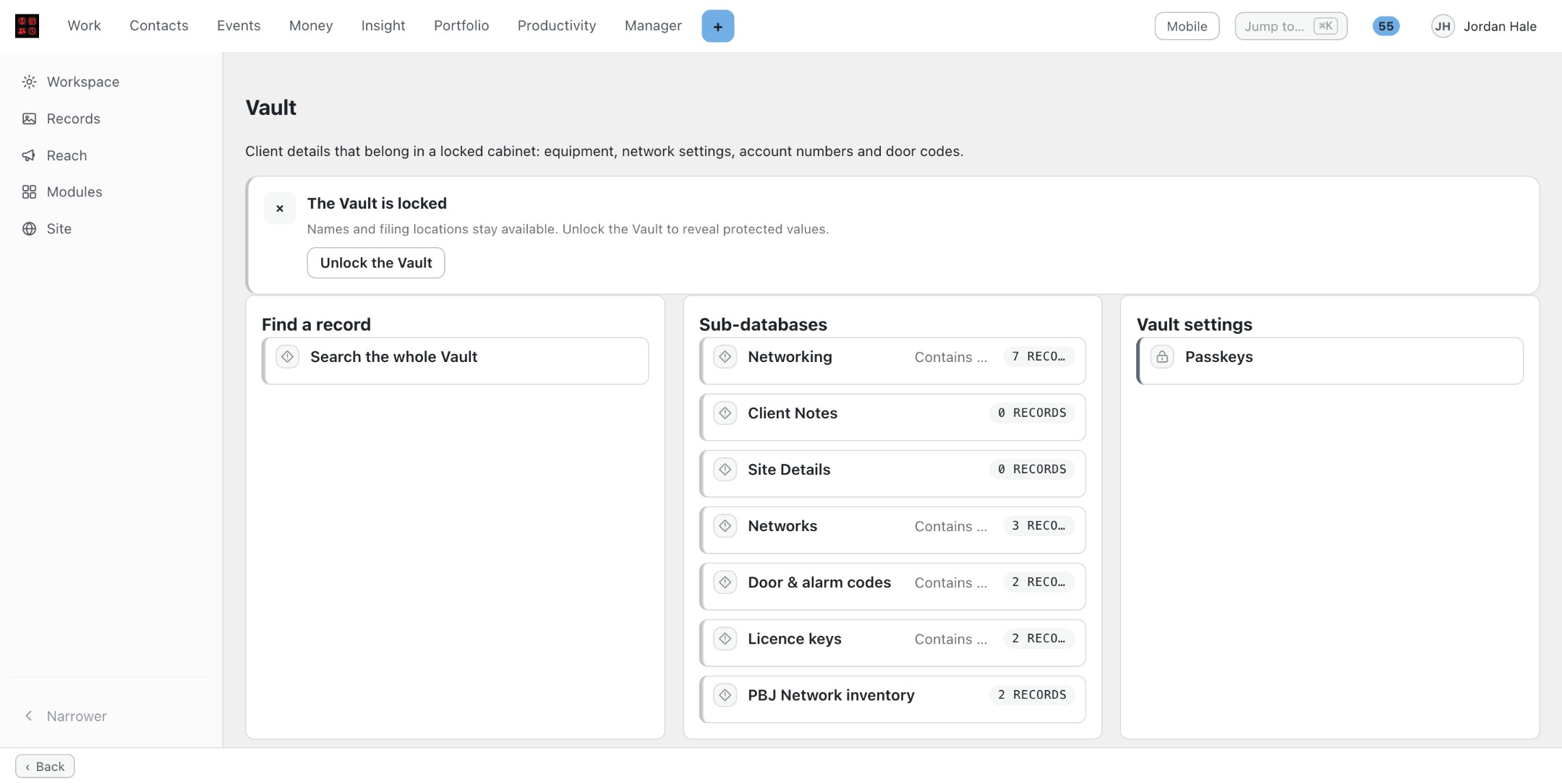 The Vault, locked: sub-databases and Vault settings.