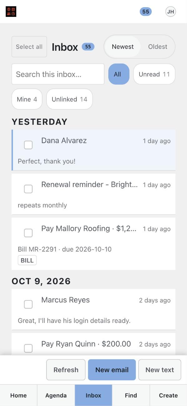 The phone Inbox with All, Unread, Mine and Unlinked filters, messages grouped under Yesterday and Oct 9, 2026, and Refresh, New email and New text buttons.