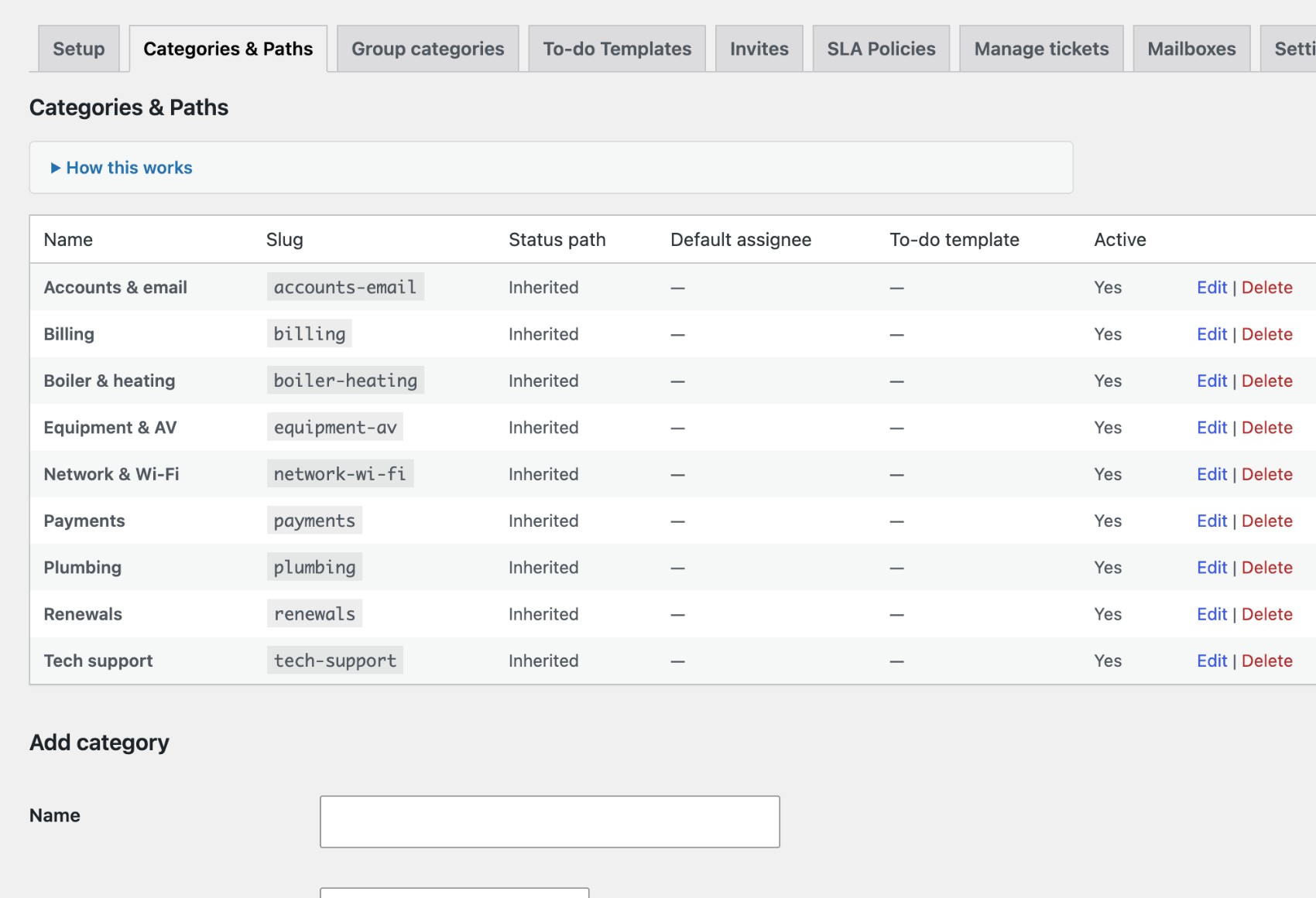 Help desk settings (website admin), Categories & Paths tab.