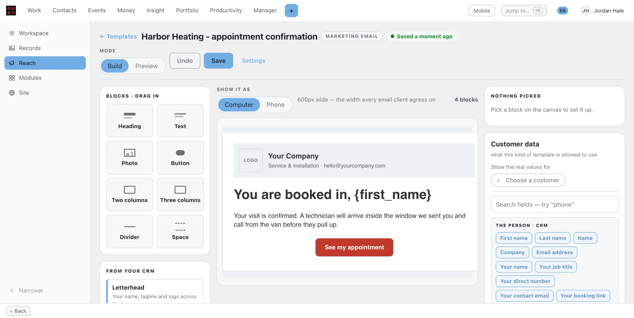 The template builder for Harbor Heating appointment confirmation, a marketing email. Build and Preview tabs, Undo and Save. Blocks on the left (Heading, Text, Photo, Button, Two columns, Three columns, Divider, Space), the email canvas in the middle and Customer data fields on the right.