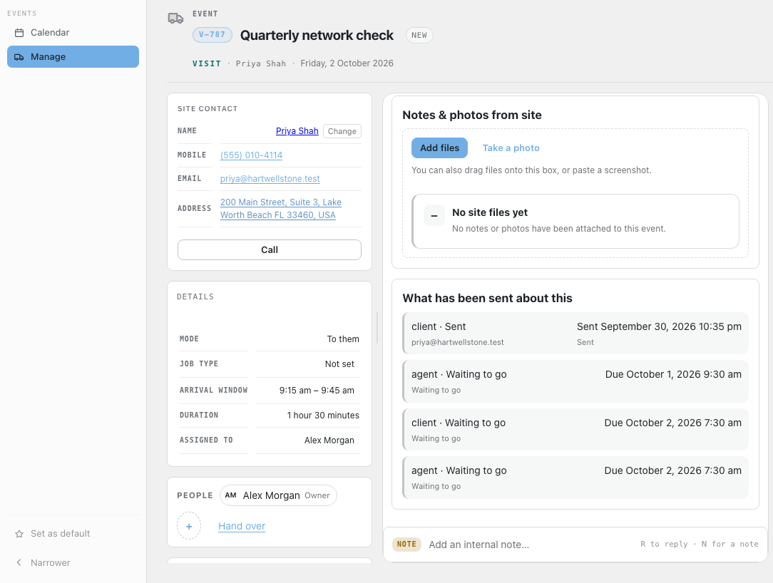 A visit record in PBJ CRM showing the site contact and address, the arrival window and who is assigned, with the confirmation already sent and reminders waiting to go