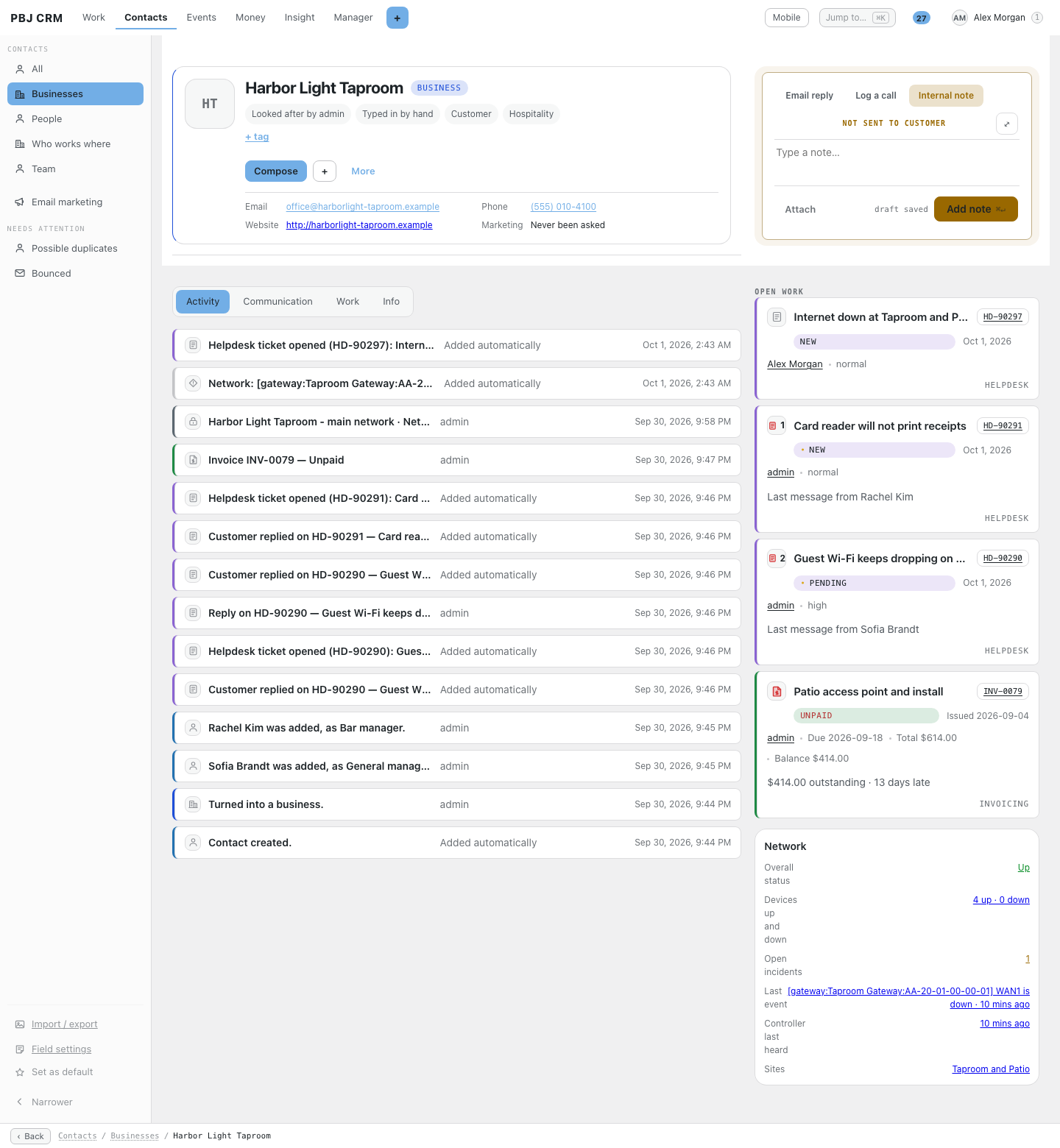 A business record in PBJ CRM with a Network card in the side column showing overall status Up, 4 devices up and none down, one open incident, the last alert and when the controller was last heard from