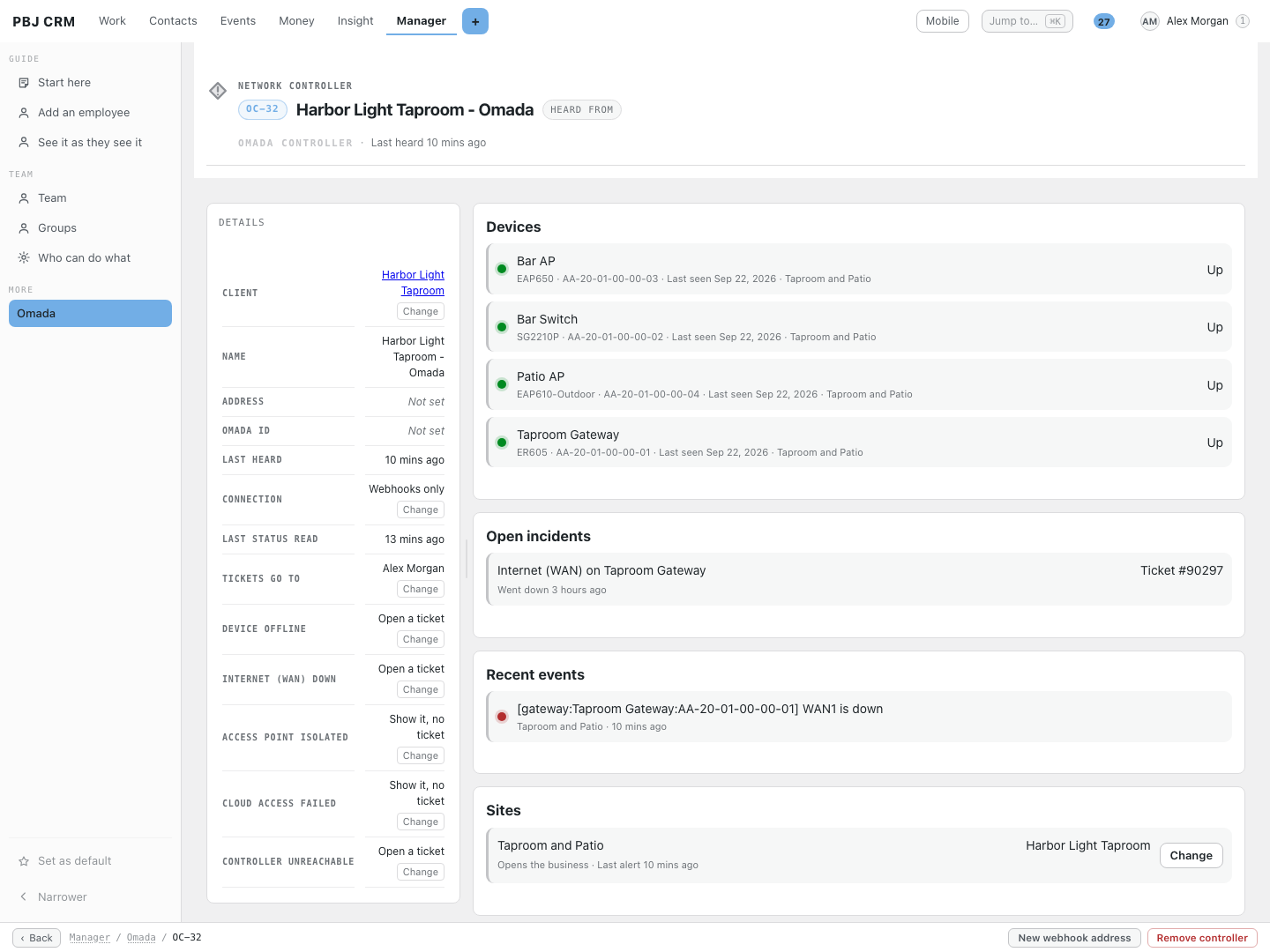 A controller page in PBJ CRM for a taproom: its four devices all Up, an open incident for the internet connection with its ticket number, the recent alert, the site, and the setting for each kind of alert