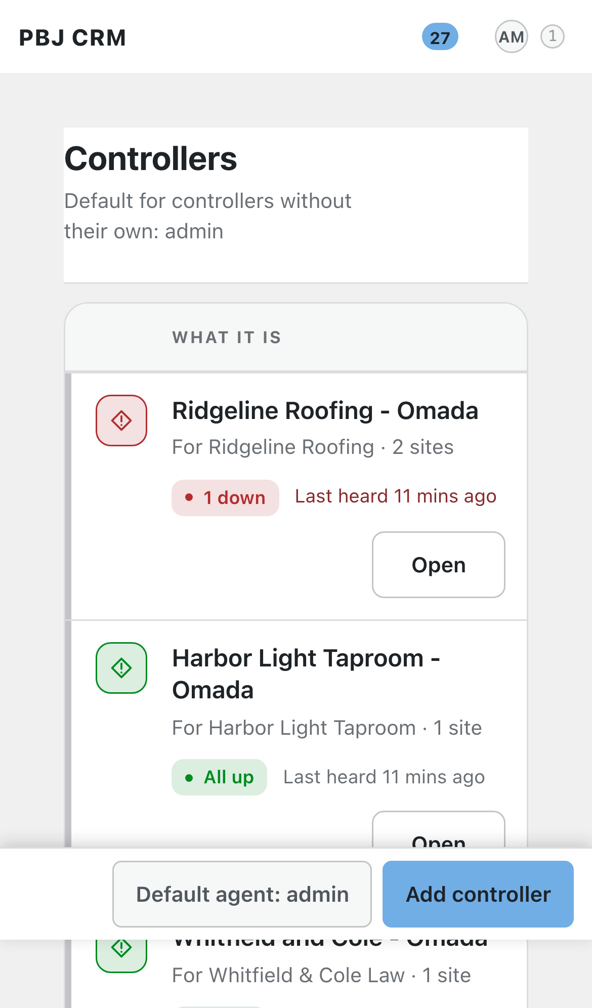 The Omada controller list in PBJ CRM on a phone, showing two controllers with their status badges and Open buttons